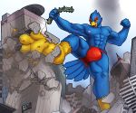  absurd_res anthro avian bird blue_body building bulge canid canine city clothing destruction falco_lombardi feathers feet fox fox_mccloud gasmaskfox hi_res macro male mammal muscular muscular_male nintendo rampage solo speedo star_fox swimwear train vehicle video_games 