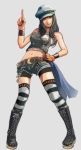  1girl bike_shorts black_footwear blue_headwear boots cabbie_hat cross-laced_footwear denim final_fantasy final_fantasy_vii final_fantasy_vii_remake gauss_&lt;counting_on_more_blur gloves hat highres kyrie_canaan looking_at_viewer navel one_eye_closed short_shorts shorts shorts_under_shorts sleeveless smile solo stomach striped striped_legwear thighhighs 