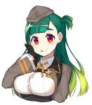  1girl :p breasts button_gap cleavage fingerless_gloves g28_(girls_frontline) girls_frontline gloves green_hair hair_ornament hairclip hand_on_own_cheek hat highres jacket large_breasts long_hair looking_at_viewer lucysama one_side_up red_eyes smile solo tongue tongue_out upper_body 