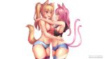  animal_ears bikini_top blonde_hair blue_eyes catgirl fang fast-runner-2024 kaptivate orange_eyes original pink_hair shorts sideboob tail thighhighs third-party_edit tiffy twintails underwear watermark 