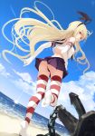  1girl :&lt; anchor ass bare_shoulders beach black_hairband black_panties blonde_hair blue_sailor_collar blue_sky chain cloud commentary_request day elbow_gloves fisheye from_behind gloves hairband highres horizon kantai_collection leg_up long_hair looking_at_viewer looking_back miniskirt ocean outdoors panties pantyshot pleated_skirt purple_skirt red_eyes running sailor_collar shimakaze_(kantai_collection) shirt skirt sky soles solo striped striped_legwear suwakana thighhighs underwear upskirt very_long_hair water white_gloves white_shirt 