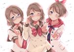  3girls :d =d bangs blue_eyes bow bowtie collarbone eyebrows_visible_through_hair finger_to_eye glasses hair_bow hood hoodie jacket light_brown_hair long_sleeves looking_at_viewer love_live! love_live!_sunshine!! multiple_girls neckerchief number number_print one_eye_closed open_mouth pocket red_bow red_hoodie red_neckwear reminiscence202 sailor_collar school_uniform short_hair short_sleeves simple_background smile sweater tearing_up tears teeth upper_body v watanabe_you white_background white_jacket 