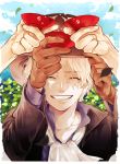  1boy ^_^ ascot blonde_hair blue_sky brown_gloves brown_headwear clenched_teeth closed_eyes cloud clover collar cup eyebrows_visible_through_hair gloves hand_on_headwear hands hat holding holding_cup leaf leaves_in_wind long_sleeves male_focus meiji_(pecosyr5) monkey_d_luffy one_piece outdoors portgas_d_ace sabo_(one_piece) sakazuki scar short_hair sky smile solo teeth upper_body white_neckwear 