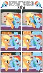  absurd_res applejack_(mlp) blonde_hair blue_body comic dialogue duo english_text equid female feral friendship_is_magic group gutovi-kun hair hi_res mammal multicolored_hair my_little_pony orange_body rainbow_dash_(mlp) rainbow_hair text 