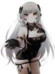  1girl barcode_tattoo black_gloves breasts cleavage expressionless gager_(girls_frontline) girls_frontline gloves hand_on_own_chest highres long_hair medium_breasts outstretched_arm pale_skin sangvis_ferri sepia545 skindentation solo tattoo tight very_long_hair white_hair yellow_eyes 