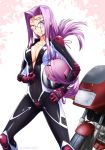  1girl biker_clothes bikesuit breasts facial_mark fate/stay_night fate_(series) folded_hair forehead_mark full-length_zipper glasses ground_vehicle helmet highres large_breasts long_hair motor_vehicle motorcycle motorcycle_helmet partially_unzipped purple_hair racing_suit rider skin_tight solo takuteks very_long_hair zipper 