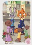 2020 anthro ball border brown_body brown_fur buckteeth building canid canine city clothed clothing disney female fox fully_clothed fur green_eyes grey_body grey_fur group holding_object judy_hopps lagomorph leporid lutrine male mammal mother mother_and_child mrs._otterton mustelid nick_wilde nklove3104 open_mouth open_smile orange_body orange_fur outside parent parent_and_child police_uniform purple_eyes rabbit red_fox sidewalk smile soccer_ball standing teeth uniform white_border zootopia 