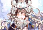  1girl animal_ear_fluff animal_ears arknights bead_necklace beads black_cloak black_hair braid circlet cloak closed_mouth english_commentary eyebrows_visible_through_hair eyelashes hair_between_eyes jewelry leopard_ears lips long_hair looking_at_viewer multicolored_hair necklace portrait pramanix_(arknights) ribbed_sweater side_braids silver_eyes silver_hair solo streaked_hair sweater turtleneck turtleneck_sweater twin_braids twitter_username two-tone_hair white_sweater wind yamoo_(oyakorodesu) 
