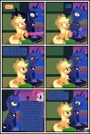  absurd_res applejack_(mlp) blonde_hair clothing comic dialogue english_text equid female feral friendship_is_magic group gutovi-kun hair hat headgear headwear hi_res mammal my_little_pony orange_body pinkie_pie_(mlp) princess_luna_(mlp) text window 