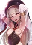  1girl :d absurdres animal_ears bangs beret blonde_hair blunt_bangs blush braid breasts commentary_request detached_sleeves fangs granblue_fantasy harigane_shinshi hat heart heart-shaped_pupils highres hikimayu long_hair nipples open_mouth pholia purple_eyes simple_background small_breasts smile solo symbol-shaped_pupils white_background 