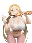  1girl absurdres blonde_hair blush bottle bra braid breasts calligraphy_brush_(medium) cleavage crotch_seam crown_braid eating food french_braid green_eyes highres holding holding_bottle holding_food large_breasts last_origin leaning_forward leggings long_hair looking_at_viewer low_twintails milk mole mole_on_breast moonlit navel nipples nose_blush one_eye_closed pink_legwear see-through simple_background smile solo sports_bra stomach t-10_nymph twin_braids twintails underwear very_long_hair wet wet_clothes white_background white_bra white_nails 