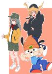  1boy 2girls absurdres animal_ears artist_request commentary_request dog dog_ears g11_(girls_frontline) girls_frontline hand_gesture hand_in_pocket highres long_hair microphone multiple_girls parappa parappa_the_rapper rapping shoes shorts smile sneakers twintails ump9_(girls_frontline) woollen_cap 