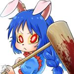  1girl :&lt; ambiguous_red_liquid animal_ears avatar_icon blue_dress blue_hair braid bunny_ears chamaji commentary dress ear_clip eyebrows_visible_through_hair floppy_ears frilled_dress frills long_hair looking_at_viewer lowres mallet moon_rabbit ponytail red_eyes seiran_(touhou) signature solo stain touhou twin_braids upper_body usagi_kine white_background 