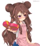  1girl absurdres amane_(dragalia_lost) apron blush box brown_hair closed_mouth double_bun dragalia_lost frills furrowed_eyebrows giving heart-shaped_box highres long_hair looking_away mofusannnn pink_apron purple_eyes shirt simple_background solo tsundere valentine white_background white_shirt 