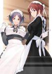  2girls blue_hair blush breasts brown_eyes character_request closed_mouth eyebrows_visible_through_hair gloves hayami_kanade highres idolmaster idolmaster_cinderella_girls jjune large_breasts long_sleeves looking_at_viewer maid maid_headdress mifune_miyu multiple_girls puffy_long_sleeves puffy_sleeves red_eyes red_hair short_hair sidelocks smile white_gloves 