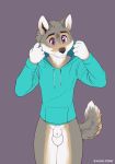  2020 absurd_res animal_genitalia anthro balls bottomless brown_body brown_fur canid canine canis clothed clothing fully_sheathed fur genitals grey_background grey_body grey_fur hi_res hoodie looking_at_viewer male mammal multicolored_body multicolored_fur multicolored_tail purple_eyes sheath shiuk simple_background solo standing text topwear undressing url white_body white_fur wolf 