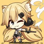  1girl 7:08 animal_ears bangs black_eyes blonde_hair blush_stickers bullet cat_ears chibi commentary eyebrows_visible_through_hair fang fang_out girls_frontline gloves gun hair_between_eyes hair_ornament highres holding holding_gun holding_weapon idw_(girls_frontline) long_hair necktie one_eye_closed parker-hale_idw shirt shorts simple_background smile smoke smoking_gun solo standing twintails weapon yellow_background 