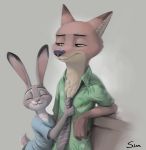  2020 anthro black_nose brown_body brown_fur canid canine chest_tuft clothed clothing dipstick_ears disney duo eyes_closed fox fur green_eyes grey_background grey_body grey_fur hi_res judy_hopps lagomorph leporid mammal multicolored_ears necktie nick_wilde rabbit red_fox s1m shirt simple_background smile topwear tuft zootopia 