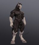  2020 abs animal_genitalia anthro balls biceps black_hair cross digitigrade equid equine flaccid genitals gradient_background hair hi_res hooves horse inverted_cross jewelry laser_(artist) looking_at_viewer male mammal muscular necklace pecs penis sheath simple_background smile smirk solo thigh_muscles 