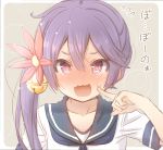  1girl akebono_(kantai_collection) bangs bell blue_sailor_collar blush collarbone commentary_request eyebrows_visible_through_hair finger_to_cheek flower flying_sweatdrops fujisaki_yuu grey_background hair_bell hair_between_eyes hair_flower hair_ornament jingle_bell kantai_collection long_hair looking_at_viewer nose_blush open_mouth purple_eyes purple_hair red_flower sailor_collar school_uniform serafuku shirt short_sleeves side_ponytail solo sweat translation_request two-tone_background upper_body wavy_mouth white_background white_shirt 