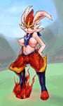  3:5 anthro breasts butt_from_the_front cinderace covered_nipples digital_media_(artwork) female fire fur genitals hi_res lagomorph looking_at_viewer mammal nintendo omikuro outside pok&eacute;mon pok&eacute;mon_(species) pussy pyroball red_eyes solo video_games white_body white_fur 