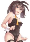  1girl absurdres akizuki_(kantai_collection) alternate_costume animal_ears black_eyes black_hair black_legwear black_leotard breasts bunny_ears bunnysuit covered_navel cowboy_shot detached_collar fake_animal_ears highres kantai_collection kiritto leaning_forward leotard looking_at_viewer ponytail simple_background small_breasts solo strapless strapless_leotard thigh_gap white_background wrist_cuffs 
