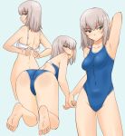  1girl arm_behind_head arm_up ass backless_swimsuit bangs barefoot blue_background blue_eyes blue_swimsuit blush bottomless bra closed_mouth commentary competition_swimsuit covered_navel crotch_seam eyebrows_visible_through_hair frown girls_und_panzer half-closed_eyes highleg highleg_swimsuit itsumi_erika kneeling leaning_forward looking_at_viewer looking_back medium_hair multiple_views one-piece_swimsuit open_bra open_mouth silver_hair simple_background standing swimsuit underwear underwear_only undressing unfastened uona_telepin white_bra 