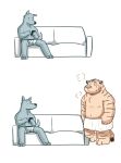  2014 anthro belly canid canine clothing duo eyes_closed felid furniture humanoid_hands male mammal nissei_(artist) pantherine phone simple_background sitting slightly_chubby sofa tiger towel underwear 