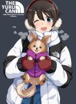  :3 :p ;d animal bangs black_background blue_eyes blush brown_hair chikuwa_(yurucamp) clothes_writing coat commentary_request copyright_name earmuffs english_text eyebrows_visible_through_hair holding holding_animal holding_dog long_sleeves looking_at_viewer mirai_denki one_eye_closed open_clothes open_coat open_mouth red_mittens round_teeth saitou_ena short_hair simple_background smile teeth the_north_face tongue tongue_out upper_body upper_teeth white_coat yurucamp zipper 