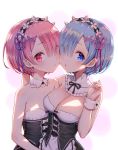  2girls absurdres alternate_breast_size apron asymmetrical_docking bare_shoulders black_dress blue_eyes blue_hair blue_ribbon blush breast_press breasts cheek-to-cheek cleavage commentary_request detached_sleeves dress flat_chest flower hair_flower hair_ornament hair_over_one_eye hair_ribbon hand_up highres maid_headdress medium_breasts multiple_girls parted_lips pink_eyes pink_hair pink_ribbon ram_(re:zero) re:zero_kara_hajimeru_isekai_seikatsu rem_(re:zero) ribbon short_hair siblings sisters sleeveless twins upper_body waist_apron white_apron wrist_cuffs x_hair_ornament yasuyuki 