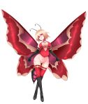 1girl antennae bare_shoulders black_gloves blonde_hair boots breasts butterfly_wings cleavage cleavage_cutout elbow_gloves flower full_body gloves head_tilt heart heart-shaped_pupils highres honey insect_girl knee_boots looking_at_viewer medium_breasts monster_girl monster_girl_encyclopedia nanostar open_mouth papillon_(monster_girl_encyclopedia) parted_lips red_eyes red_shirt red_wings shiny shiny_hair shirt short_hair simple_background sleeveless smile solo standing symbol-shaped_pupils thighhighs white_background wings 