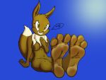  3_toes 4:3 anthro barefoot breasts brown_body brown_fur canid canine detectivebubble dialogue eevee english_text feet female foot_focus fur mammal nintendo nipples nude pok&eacute;mon pok&eacute;mon_(species) smile soles solo speech_bubble text toes video_games 