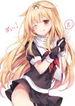  1girl :p bangs black_gloves black_skirt blonde_hair blush eyebrows_visible_through_hair fingerless_gloves gloves hair_flaps hair_ribbon highres kantai_collection long_hair no_panties one_eye_closed red_eyes red_neckwear remodel_(kantai_collection) ribbon sailor_collar scarf school_uniform serafuku short_sleeves simple_background skirt solo sugisaki_yuu tongue tongue_out white_background white_scarf yuudachi_(kantai_collection) 