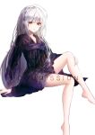  1girl bare_legs barefoot brown_eyes commentary_request dress legs legs_up limit_x long_hair looking_at_viewer open_mouth original purple_dress silver_hair sitting soles solo starry_sky_print white_background white_hair 