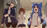  3girls :d bangs bike_shorts black_buruma black_shorts black_skirt blue_eyes blue_hair blue_jacket blue_ribbon brown_hair buruma closed_mouth commentary dearche_kings_claudia dress_shirt eyebrows_visible_through_hair frown glasses green_eyes grey_hair gym_shirt hair_ribbon hands_on_hips highres indoors jacket levi_russel locker locker_room long_hair long_sleeves looking_at_another looking_back lyrical_nanoha mahou_shoujo_lyrical_nanoha_innocent miniskirt multiple_girls open_clothes open_jacket open_mouth parted_bangs pleated_skirt purple_eyes raglan_sleeves red-framed_eyewear ribbon shikei shirt short_hair short_sleeves shorts skirt smile standing stern_starks track_jacket triple_vertical_stripe twintails undressing untucked_shirt white_shirt wing_collar 