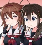  1girl 2girls ahoge bangs black_gloves blue_eyes blush braid breasts brown_hair closed_mouth commentary_request empty_eyes eyebrows_visible_through_hair fingerless_gloves gloves hair_flaps hair_ornament hairband hand_on_another&#039;s_shoulder highres kantai_collection long_hair mizuki_kyouto multiple_girls red_hairband red_neckwear remodel_(kantai_collection) sailor_collar school_uniform serafuku shigure_(kantai_collection) shiratsuyu_(kantai_collection) short_sleeves simple_background single_braid smile smug upper_body 