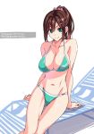  1girl ass_visible_through_thighs bangs beach_chair bikini breasts brown_hair chinatsu_(suzutsuki_kurara) cleavage closed_mouth clothes_writing commentary_request green_bikini groin hair_ornament hair_scrunchie hairclip highres large_breasts long_hair looking_at_viewer navel original partial_commentary pink_scrunchie ponytail print_bikini romaji_text scrunchie sidelocks simple_background sitting smile solo suzutsuki_kurara swimsuit thigh_gap translation_request white_background 