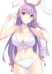  1girl absurdres animal_ears bikini blush breasts bunny_ears cleavage collarbone extra_ears eyebrows_visible_through_hair hand_in_hair highres large_breasts lavender_hair light_smile long_hair looking_at_viewer navel red_eyes reisen_udongein_inaba side-tie_bikini simple_background solo swimsuit t-m-m touhou v white_background white_bikini 