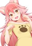  1girl animal_ear_fluff animal_ears bare_shoulders blush collarbone eyebrows_visible_through_hair hair_between_eyes happy highres honda_naoki long_hair looking_at_viewer murenase!_shiiton_gakuen off-shoulder_shirt off_shoulder okami_ranka open_mouth paw_pose pink_hair shirt smile solo wolf_ears wolf_girl yellow_eyes yellow_shirt 