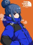  1girl bangs blue_coat blue_hair blush closed_mouth clothes_writing coat commentary_request copyright_name drawstring english_text eyebrows_visible_through_hair from_side hair_bun hands_in_pockets hood hood_down hooded_coat long_hair long_sleeves looking_at_viewer looking_to_the_side mirai_denki orange_background purple_eyes shima_rin short_hair sidelocks simple_background solo upper_body yurucamp 