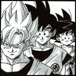  3boys age_progression arms_at_sides backlighting bangs black_border black_eyes black_hair border child close-up closed_mouth clothes_writing collarbone dot_nose dougi dragon_ball dragon_ball_(classic) dragon_ball_z face frown greyscale grin happy height_difference highres looking_at_viewer male_focus monochrome multiple_boys multiple_persona muscle official_art outline pectorals shaded_face simple_background smile son_gokuu spiked_hair super_saiyan toriyama_akira upper_body v-shaped_eyebrows white_background white_outline 