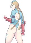  1girl ass back back_cutout blonde_hair blue_eyes blue_headwear braid cammy_white closed_mouth cowboy_shot from_behind garrison_cap gloves hat highleg highleg_leotard leotard long_sleeves looking_at_viewer looking_back red_gloves ribbed_leotard shadaloo_dolls simple_background sketch solo standing street_fighter street_fighter_zero_(series) thighs tied_hair twin_braids twintails white_background yumeaso 