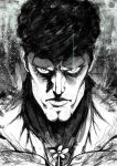  1boy cleft_chin closed_mouth commentary english_commentary facial_hair flower glowing glowing_eyes greyscale highres looking_at_viewer making-of_available male_focus manly monochrome one-punch_man portrait puri_puri_prisoner solo stubble the_golden_smurf 