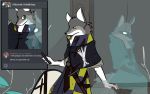  16:10 anthro canid canine canis domestic_dog duo fan_character female ghost hi_res male mammal melee_weapon omnipresentcrayon selfie shield spirit story story_in_description sword texting weapon widescreen wolf 