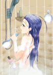  1girl ahoge blue_eyes blue_hair brush chaesu highres huge_ahoge long_hair music musical_note nude open_mouth orie_(under_night_in-birth) shower_head showering signature singing solo spoken_musical_note steam under_night_in-birth under_night_in-birth_exe:late[st] 
