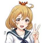  1girl 1other animal_on_head bandaid bandaid_on_face blue_neckwear blue_sailor_collar brown_eyes brown_hair commentary_request crab_on_head dated kantai_collection looking_at_viewer neckerchief oboro_(kantai_collection) on_head open_mouth sailor_collar school_uniform serafuku short_hair signature simple_background smile tk8d32 upper_body upper_teeth v white_background 