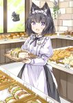  1girl :d animal_ear_fluff animal_ears apron bakery black_bow black_hair black_skirt blush bow bread brick_wall cat_ears commentary_request day fang food frilled_apron frills holding holding_tray indoors juliet_sleeves komugi_(wataame27) long_sleeves looking_at_viewer maid_headdress open_mouth original puffy_sleeves purple_eyes sandwich shirt shop skirt smile solo tray wataame27 white_apron white_shirt window 