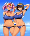  2girls adjusting_clothes adjusting_hat ahoge alternate_costume armband armpits arms_behind_back azur_lane baltimore_(azur_lane) bare_shoulders blush breasts bremerton_(azur_lane) brown_hair choker cleavage closed_mouth commentary cowboy_shot dark_skin eyebrows_visible_through_hair eyewear_on_head friends hair_between_eyes harukon_(halcon) hat headgear highres large_breasts long_hair looking_at_viewer mole mole_on_breast multicolored_hair multiple_girls navel one_eye_closed pink_eyes pink_hair short_hair smile standing streaked_hair tan thighs toned two_side_up yellow_eyes 