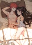  1boy 1girl absurdres ass bare_shoulders black_hair black_ribbon bottomless commentary emiya_shirou fate/stay_night fate_(series) hair_ribbon highres huge_filesize long_hair lying nao_(okt8538) on_back on_side orange_hair pillow red_hair ribbon sleeping toosaka_rin topless two_side_up under_covers 