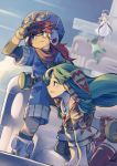  2boys 2girls brown_hair climbing dangan feena_(grandia) gloves goggles goggles_on_head grandia grandia_i green_hair grin hair_tubes hat jewelry justin_(grandia) kneeling liete_(grandia) long_hair midriff multiple_boys multiple_girls orange_hair pendant purple_hair rapp_(grandia) shorts smile sunrise 